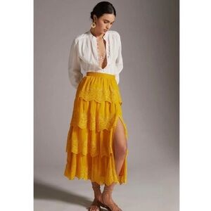 Anthropologie Yellow Tiered Lace Midi Skirt with Side Slit
